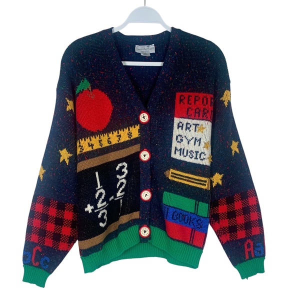 Vintage Sweater Loft School Teacher Cardigan Books Report Card Bus Medium M - Picture 1 of 11